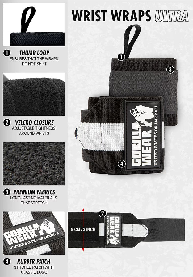 Gorilla Wear Wrist Wraps Ultra Musta/Valkoinen