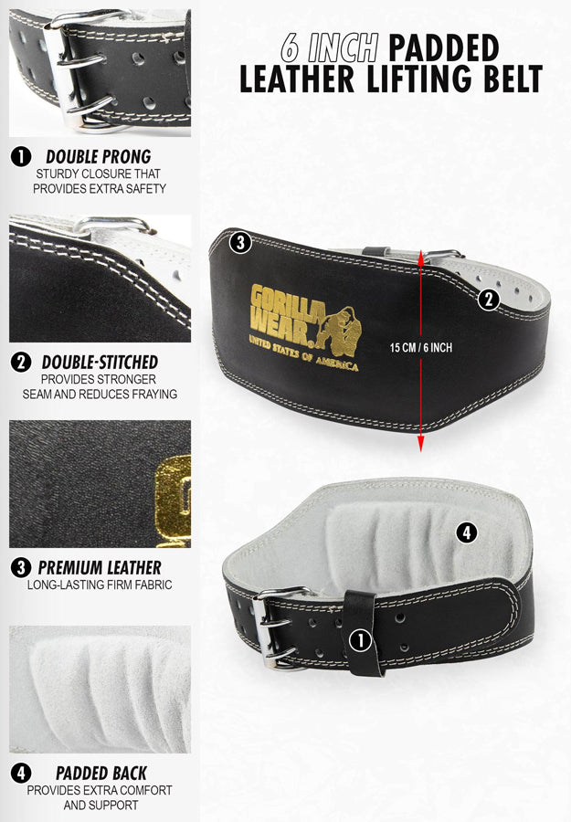 Gorilla Wear Full Leather 6" Padded Belt - Musta