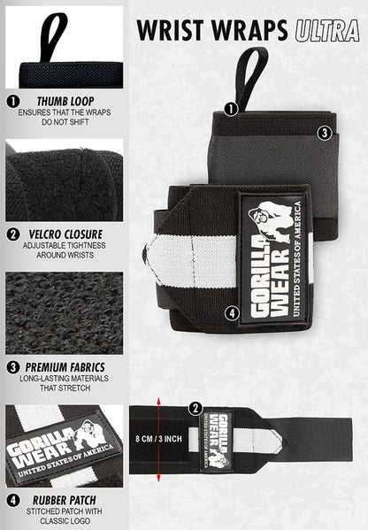Gorilla Wear Wrist Wraps Ultra Musta/Valkoinen