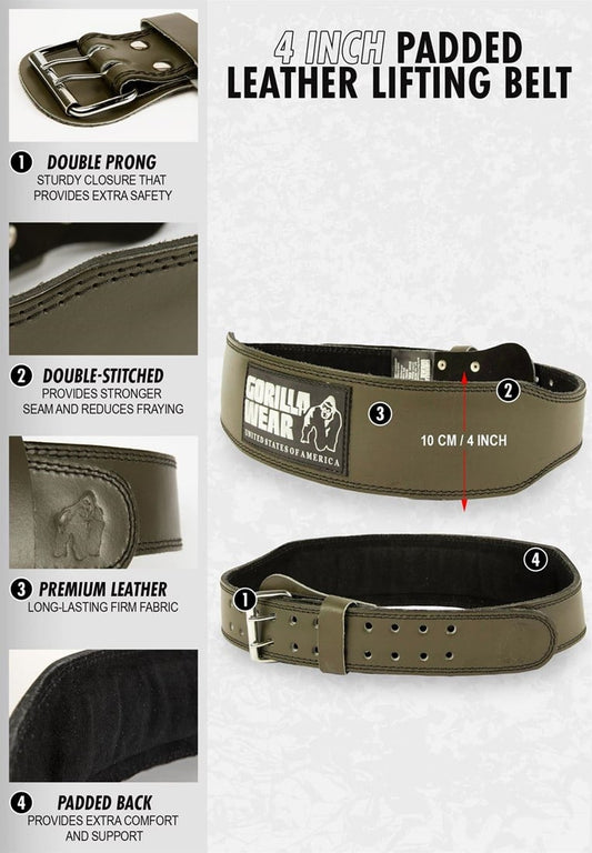 Gorilla Wear 4-inch Padded Leather Belt Army Green (Matta Vihreä)
