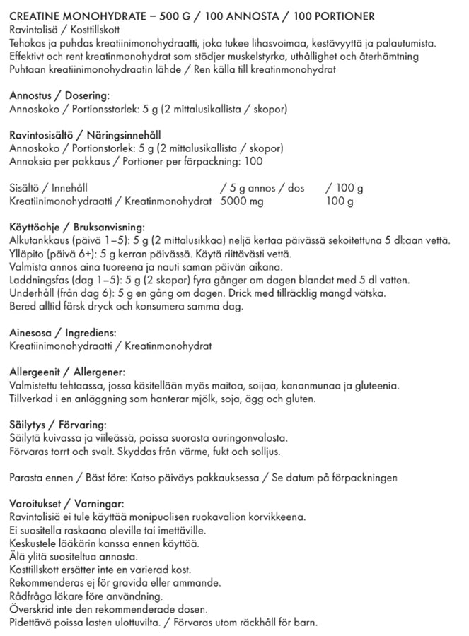All Sports Labs CREATINE MONOHYDRATE  Ravintolisä. Tehokas ja puhdas kreatiinimonohydraatti, joka tukee lihasvoimaa, kestävyyttä ja palautumista. Kuvassa tuotteen ravintosisältö ja käyttöohje. pt-combat.fi