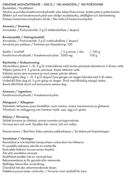 All Sports Labs CREATINE MONOHYDRATE  Ravintolisä. Tehokas ja puhdas kreatiinimonohydraatti, joka tukee lihasvoimaa, kestävyyttä ja palautumista. Kuvassa tuotteen ravintosisältö ja käyttöohje. pt-combat.fi