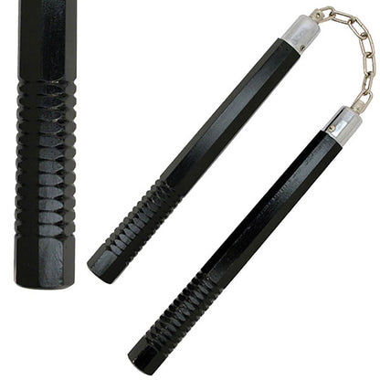 Professional Octagon Hardwood Nunchaku musta. Kuulalaakeroidut, hitsatut ketjulenkit, materiaali punatammea.  muotoilu kahdeksankanttiseksi. Laadukkaat nuncha kepit.Kuvassa varren yksityiskohta.