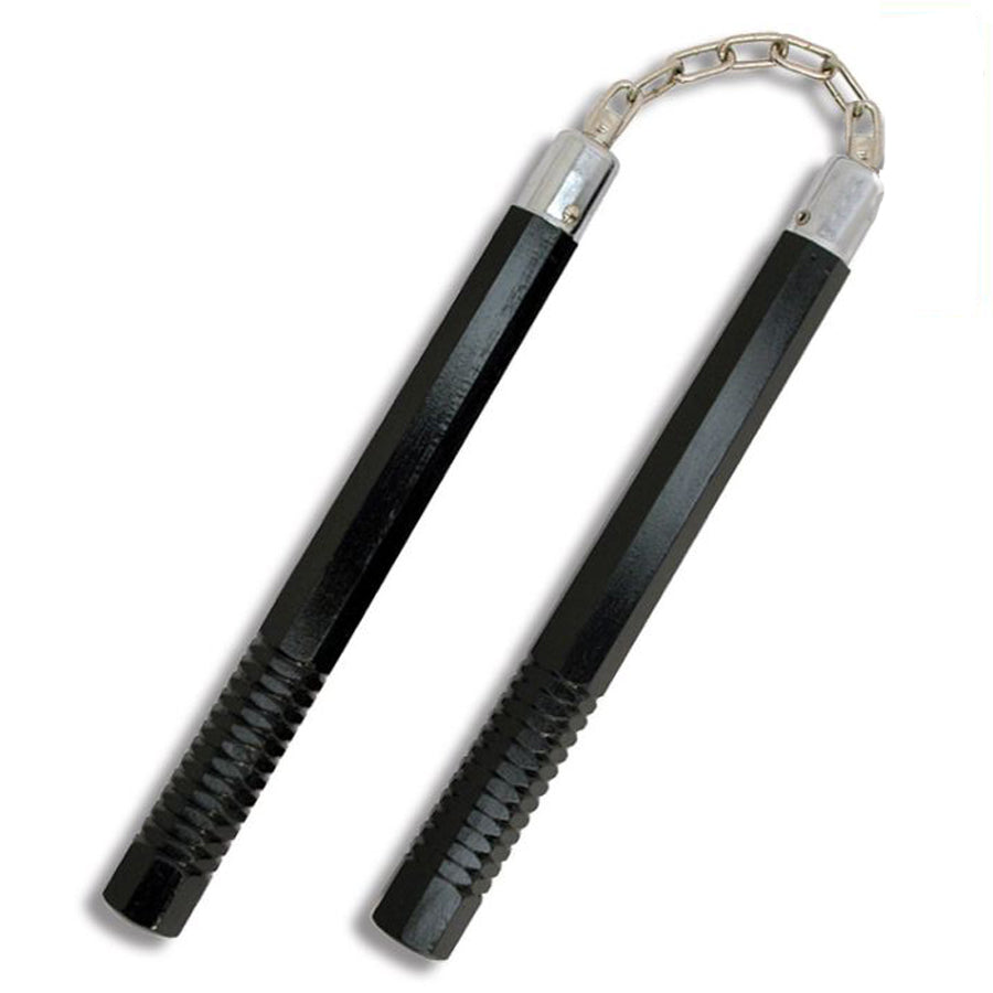 Professional Octagon Hardwood Nunchaku musta. Kuulalaakeroidut, hitsatut ketjulenkit, materiaali punatammea.  muotoilu kahdeksankanttiseksi. Laadukkaat nuncha kepit. Kuvassa kepit vierekkäin.