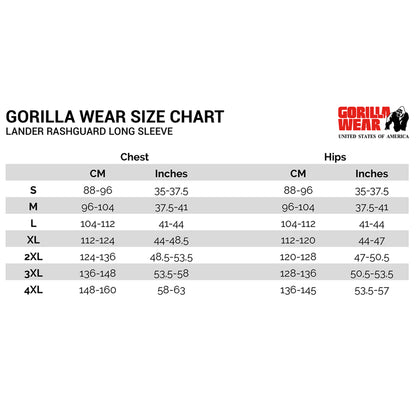 Gorilla Wear Lander Rashguard Long Sleeve - Musta/Metrocamo pitkähihainen paita, kokotaulukko