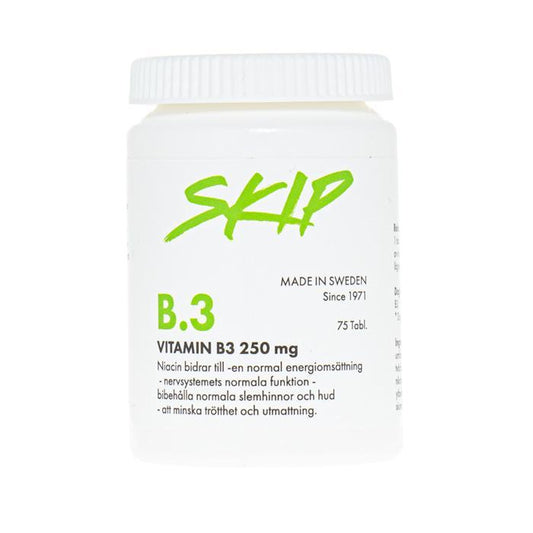 Skip B3-vitamiini. niasiini. Kuvassa on purkki. 