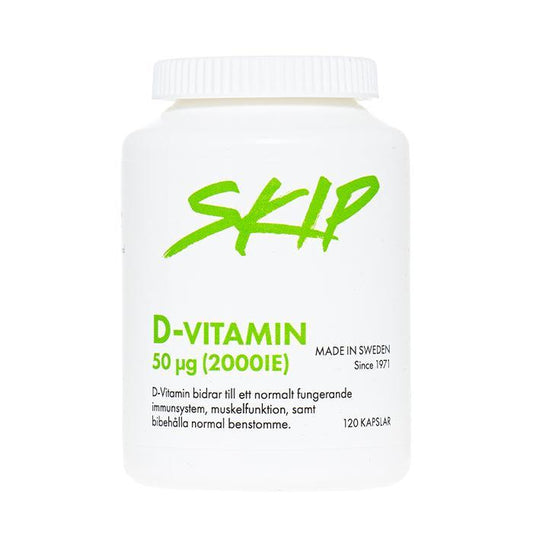 SKIP D-vitamiini on vahva d-vitamiini, jossa on 50 mikrogrammaa lampaan villasta uutettua d-vitamiinia kasvispohjaisessa kapselissa. Tuote on ei-vegaaninen cruelty free hyvin imeytyvä d-vitamiini. Kuvassa purkki. 