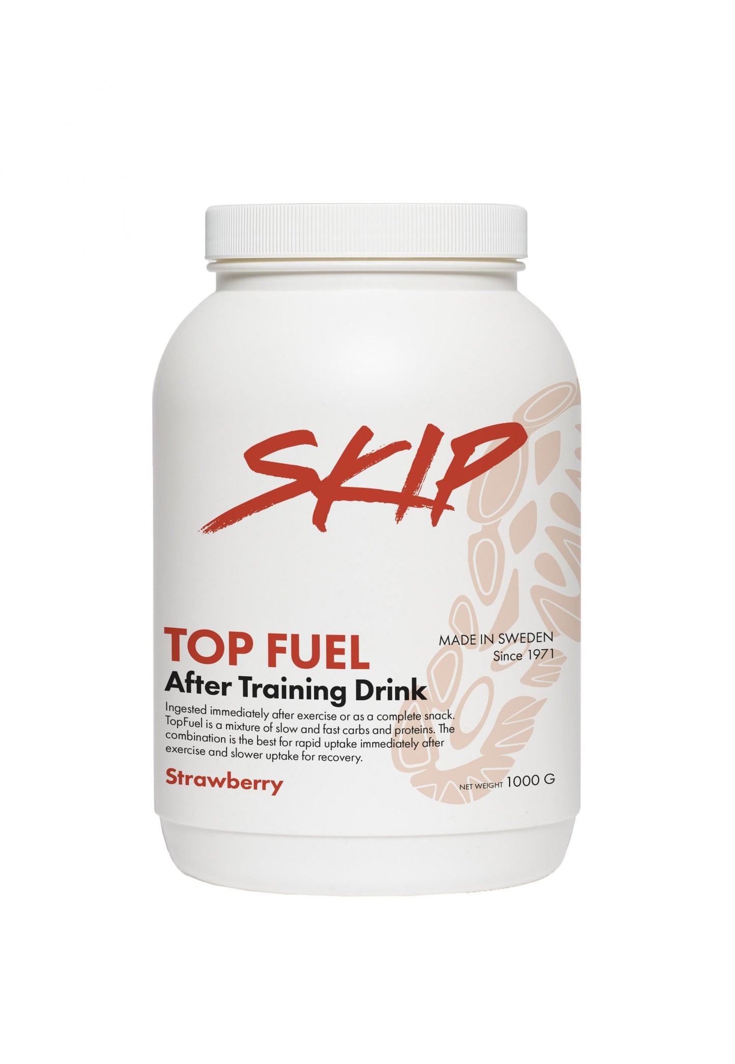 SKIP Top Fuel on huippulaatuinen, helposti nesteeseen imeytyvä ja hyvin imeytyvä palautusjuoma treenien  jälkeen. Kuvassa skip top fuel after training drink purkki.