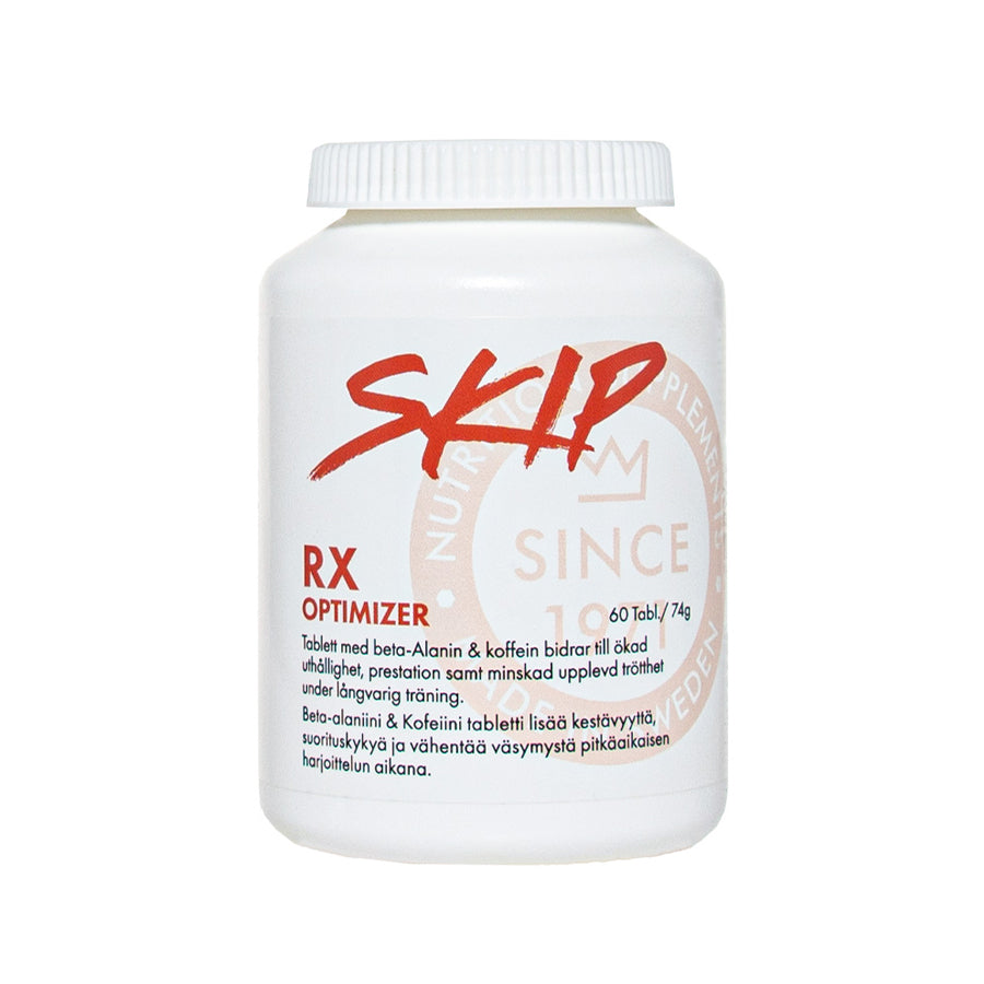 SKIP RX Optimizer, erinomaisen kätevä tablettimuotoinen treeniboosteri!  Kuvassa purkki.
